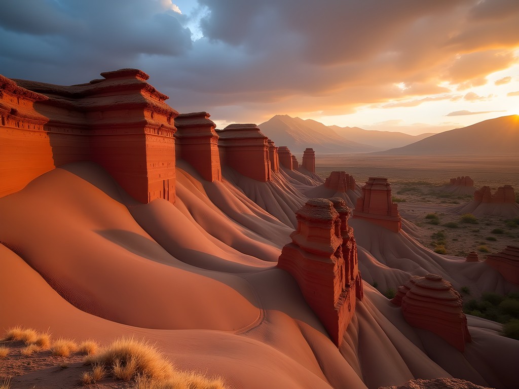 Red clay Torre Torre formations near Huancayo at sunset
