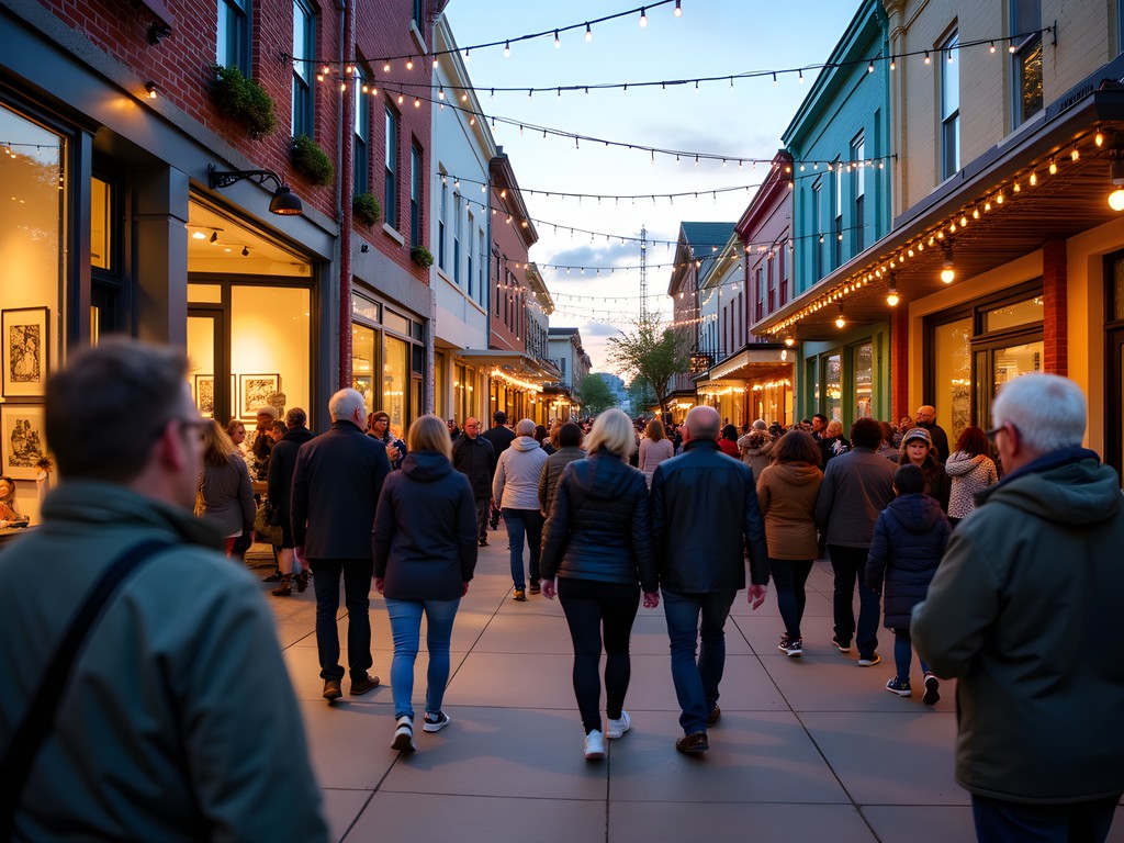 Vibrant street scene during First Friday art walk in Englewood Arts District, Independence