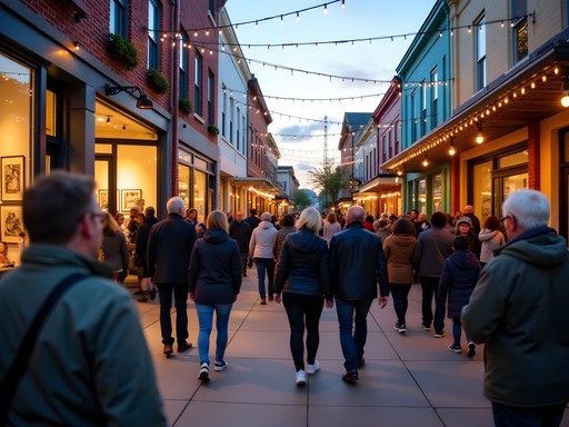 Vibrant street scene during First Friday art walk in Englewood Arts District, Independence