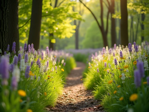 Vibrant spring wildflowers along hiking trail at George Owens Nature Park in Independence