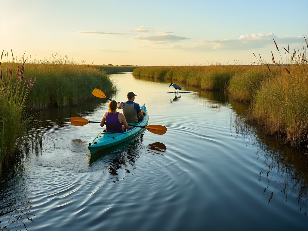 Family kayaking through salt marshes in Timucuan Ecological Preserve Jacksonville