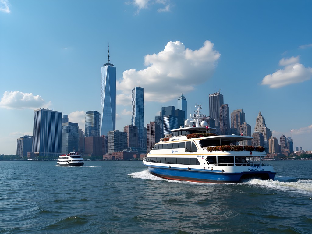 View from NY Waterway ferry between Jersey City and Manhattan showing skyline