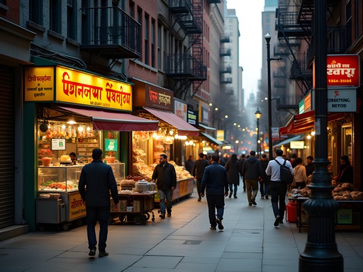 Vibrant street scene in Jersey City's India Square with food vendors and colorful storefronts