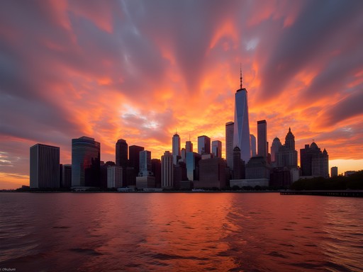 Stunning Manhattan skyline view from Jersey City waterfront at sunset