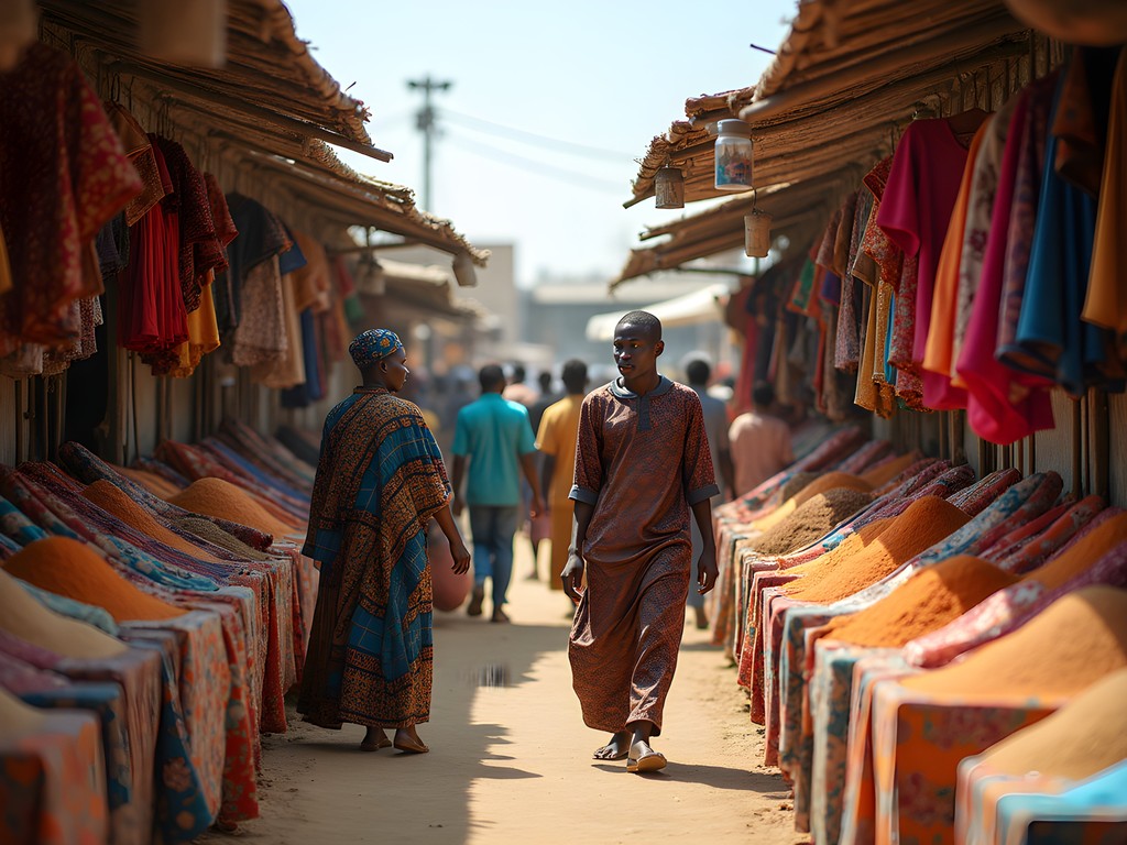 Vibrant stalls at Kaduna Central Market with colorful textiles and spices
