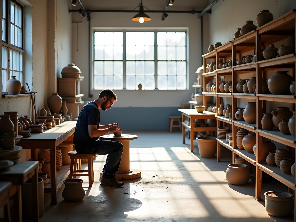 Artist working in a Kansas City ceramic studio with pottery wheels and kilns