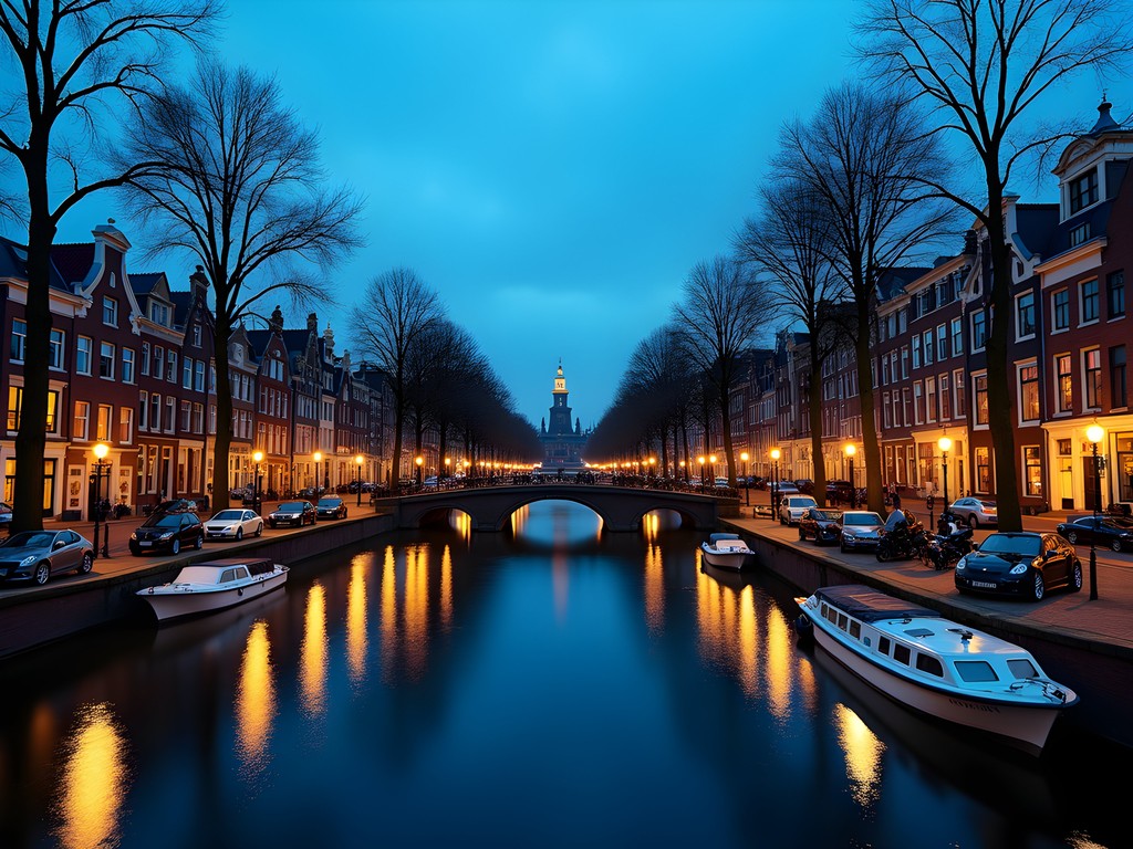 Evening reflections on Amsterdam canal with historic buildings and bridges