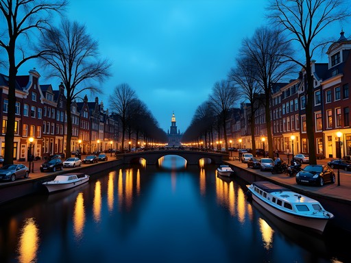 Evening reflections on Amsterdam canal with historic buildings and bridges