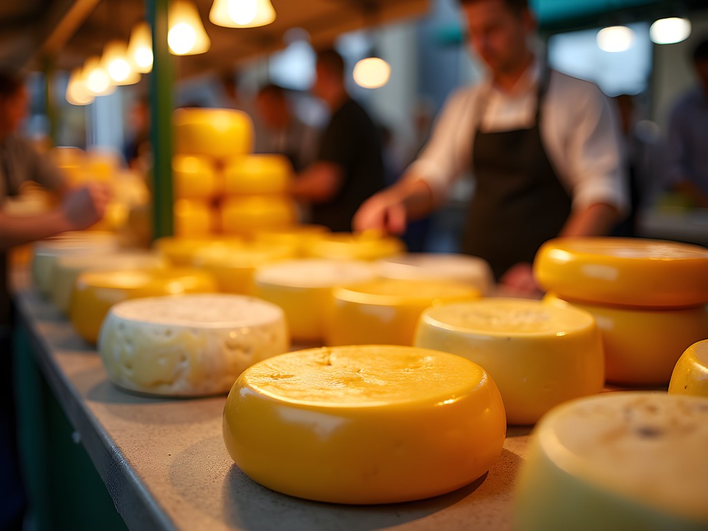 Colorful display of Dutch cheeses at Amsterdam's Albert Cuyp Market