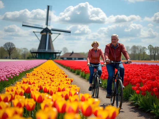 Couple cycling through colorful tulip fields near Keukenhof Gardens