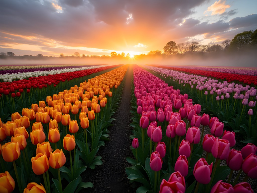 Sunrise over colorful tulip fields at Keukenhof Gardens with morning mist