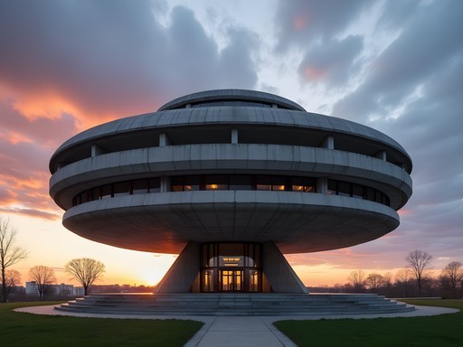 The futuristic Soviet-era 'Flying Saucer' building in Kyiv at sunset