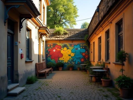 Colorful modern mural in a hidden Kyiv courtyard with historic architecture