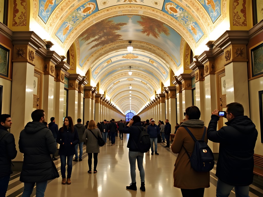 Tourist photographing the ornate Soviet-era architecture of Kyiv metro station
