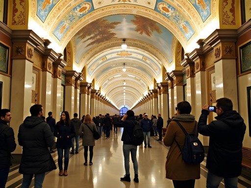 Tourist photographing the ornate Soviet-era architecture of Kyiv metro station