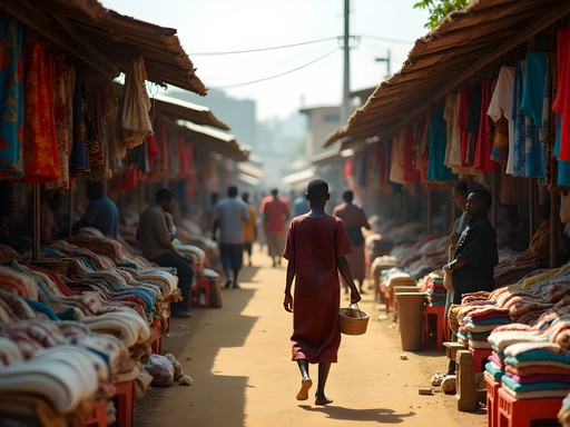 Bustling Central Market in Kinshasa with colorful textiles and crafts