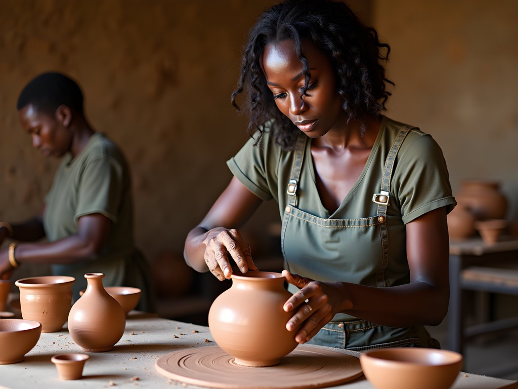 Traditional pottery workshop in Kinshasa with artisans creating ceramic vessels
