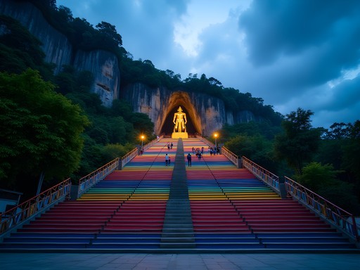 Rainbow-colored steps leading to Batu Caves illuminated at dusk with fewer tourists