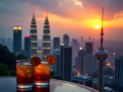 Sunset view from Heli Lounge Bar with Kuala Lumpur skyline and Petronas Towers illuminated