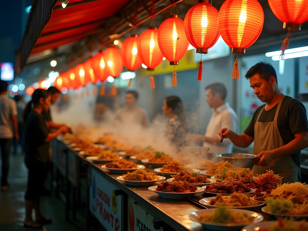 Vibrant night market scene at Jalan Alor Food Street with glowing lanterns and diverse food stalls