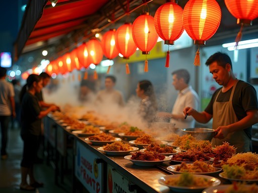 Vibrant night market scene at Jalan Alor Food Street with glowing lanterns and diverse food stalls