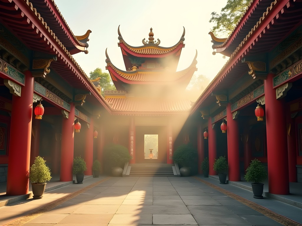 Morning light illuminating the ornate red pillars and dragon sculptures of Thean Hou Temple in Kuala Lumpur