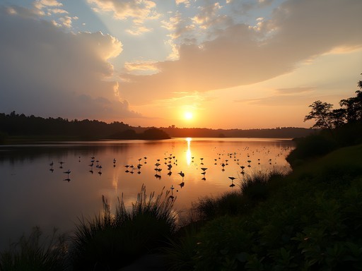 Sunrise over Bigi Pan wetlands near Lelydorp with flamingos and tropical birds