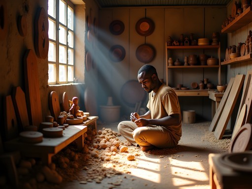 Traditional woodcarving workshop in Lelydorp with artisan creating intricate designs