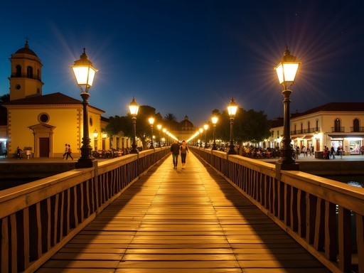 The illuminated Bridge of Sighs (Puente de los Suspiros) in Barranco district, Lima at night