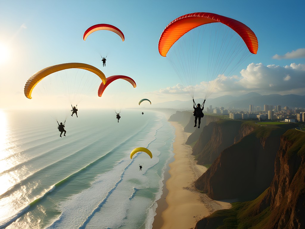 Colorful paragliders soaring over the Pacific Ocean along Lima's Miraflores coast