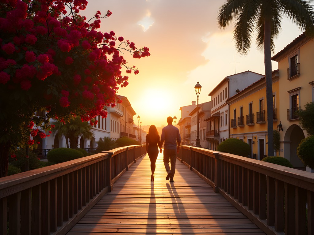 The wooden Bridge of Sighs in Lima's Barranco district at sunset