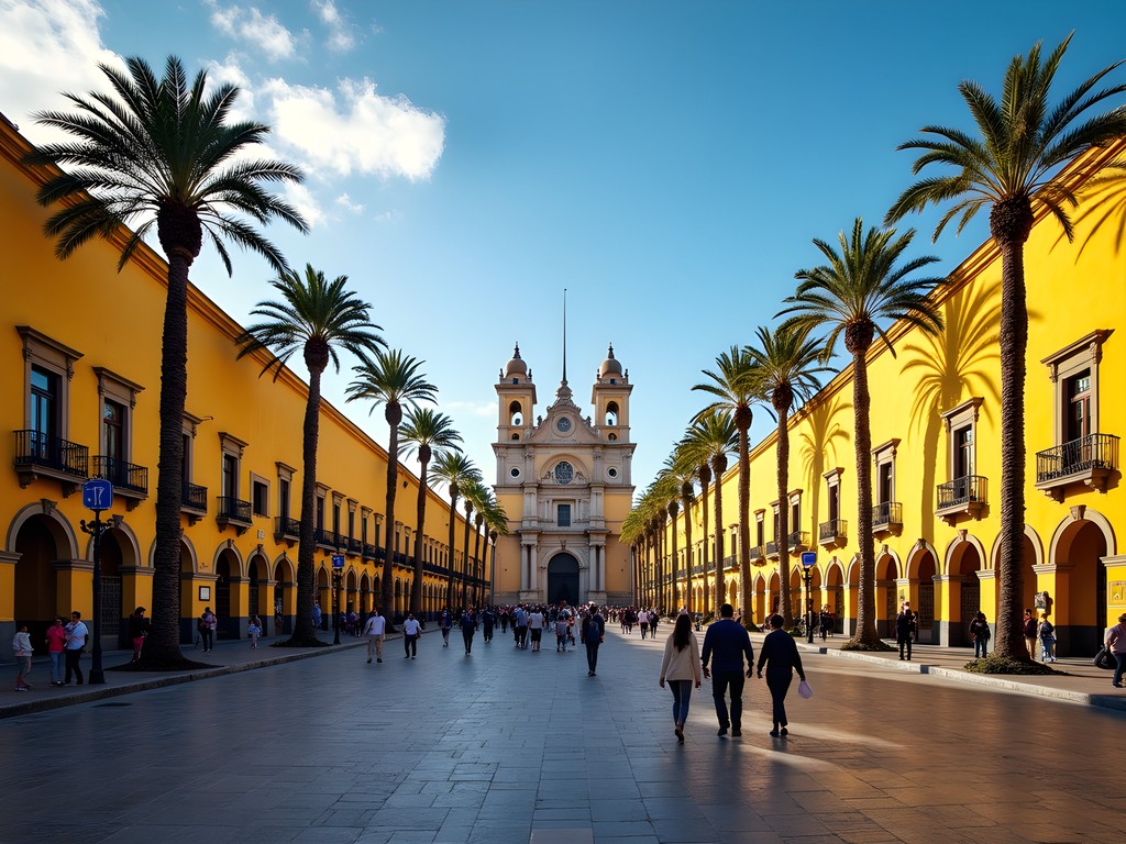 Yellow colonial buildings surrounding Plaza de Armas in Lima's historic center