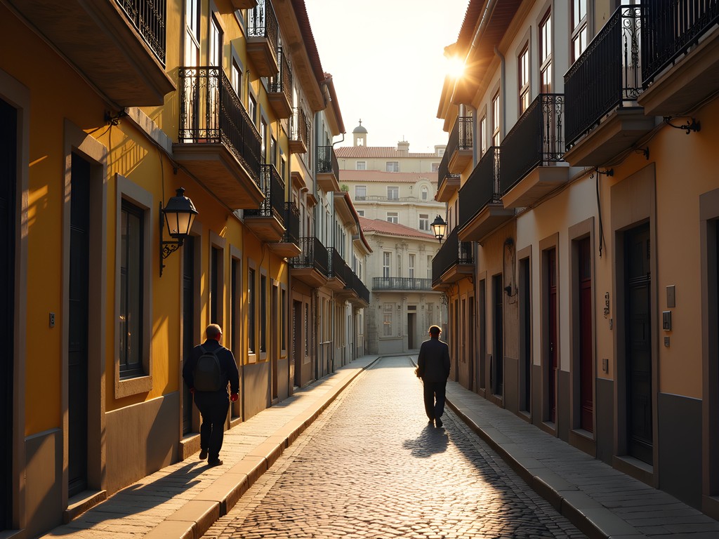 Early morning light illuminating narrow cobblestone streets in Alfama neighborhood, Lisbon