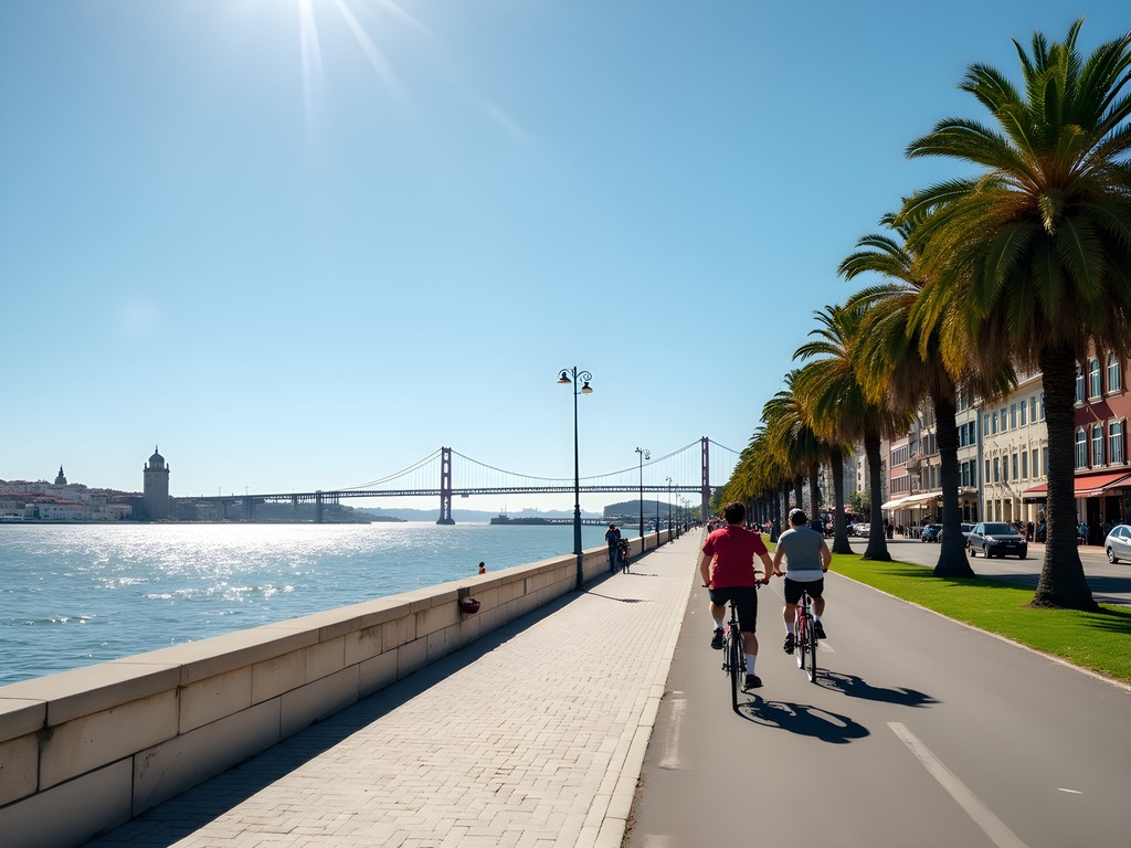 Cycling along Tagus River in Belém with views of 25 de Abril Bridge and historic monuments