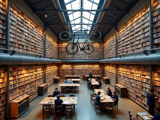 Interior of Ler Devagar bookstore in LX Factory with flying bicycle installation and walls of books