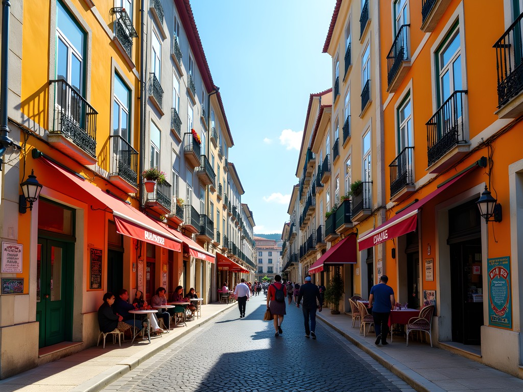 Diverse cultural scene in Mouraria neighborhood with colorful buildings and international shops