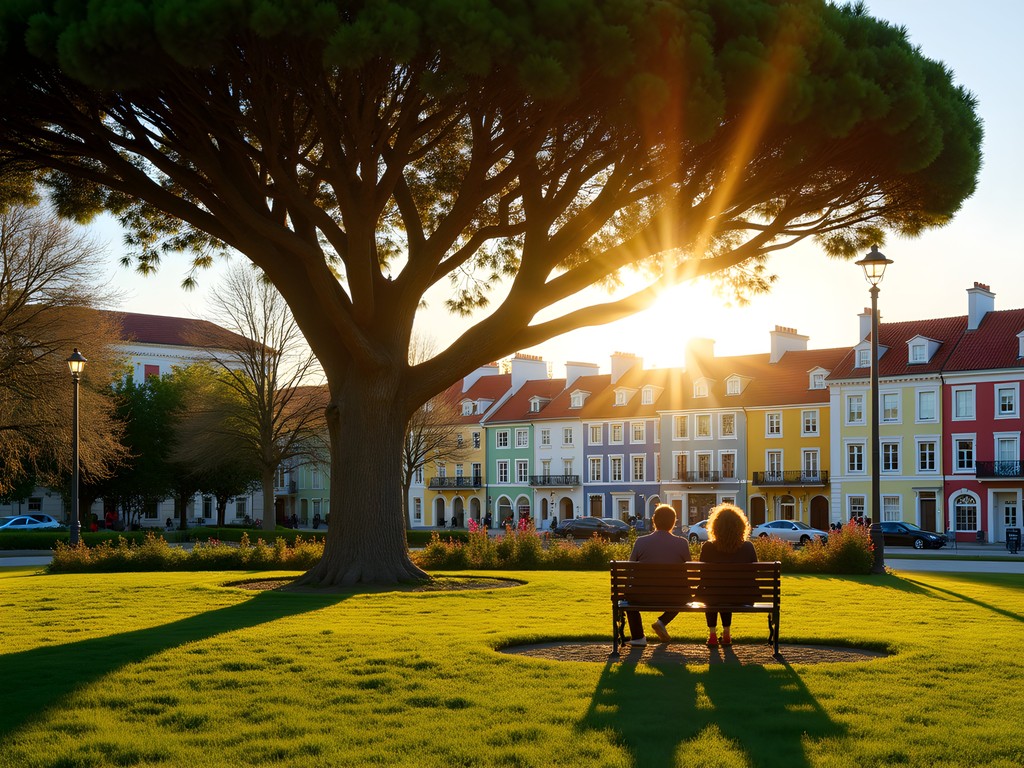 Sunset view of Jardim do PrĂncipe Real with its iconic umbrella tree and couples relaxing