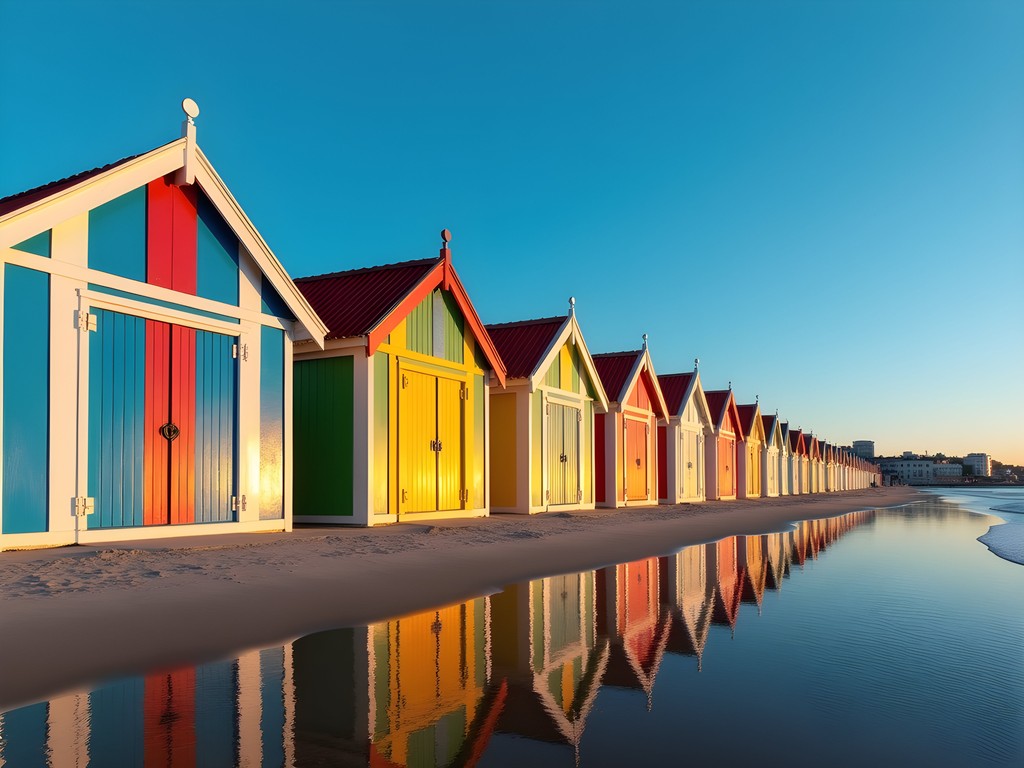 Colorful striped houses of Costa Nova beach with blue, red, and green vertical stripes against clear blue sky