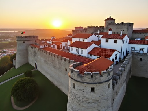Medieval stone walls of Óbidos at sunset with warm golden light illuminating the white buildings and terracotta rooftops
