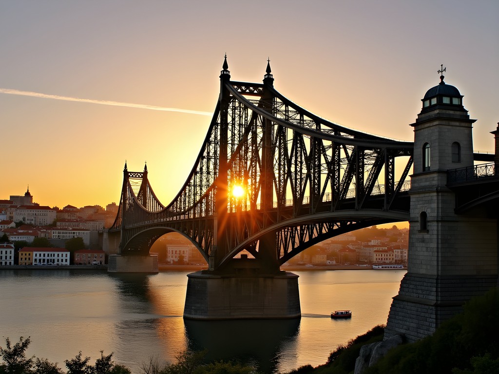 Dom Luís I Bridge in Porto at sunset with the Ribeira district and port wine cellars of Vila Nova de Gaia visible