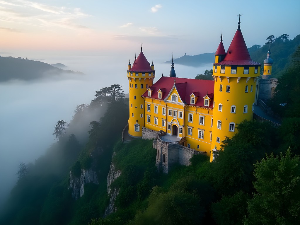 Colorful Pena Palace emerging from morning mist in Sintra with vibrant yellow and red walls