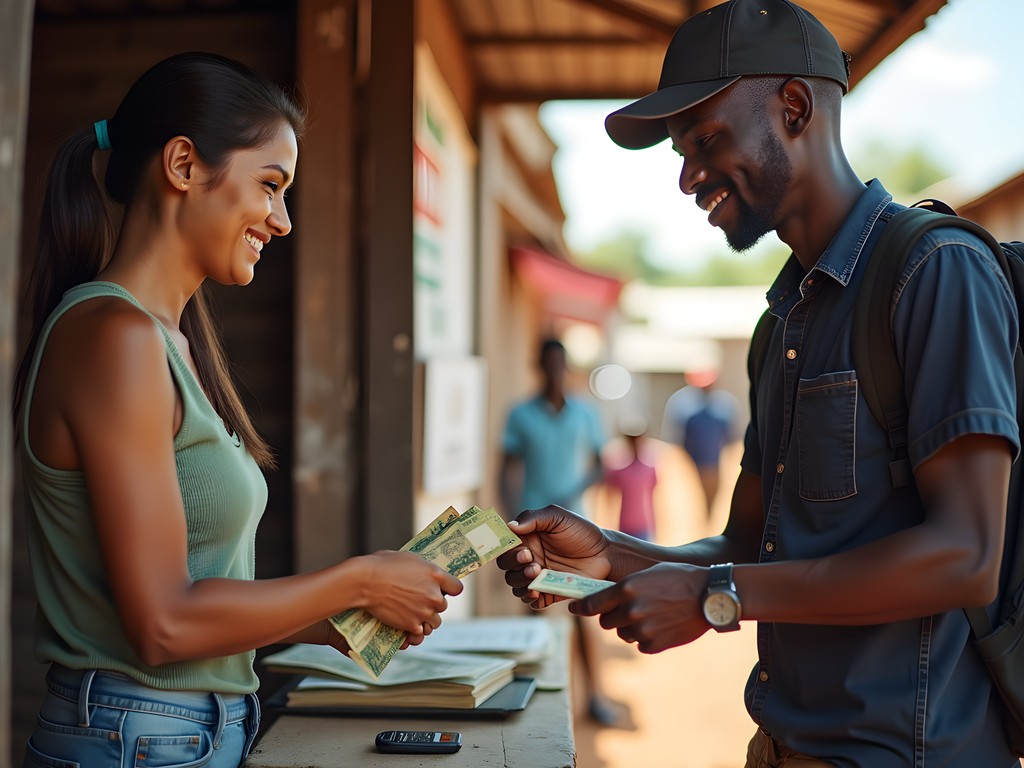 Tourist exchanging currency at a local market in Livingstone, Zambia