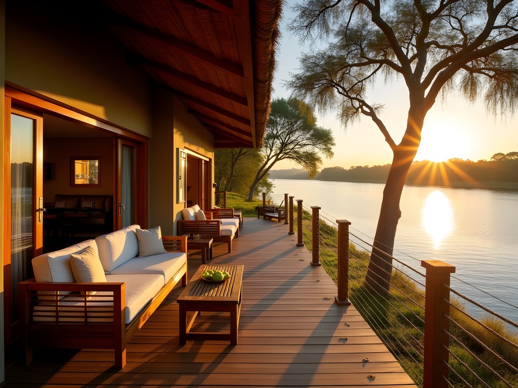 Luxury riverside lodge with sunset views over the Zambezi River near Livingstone