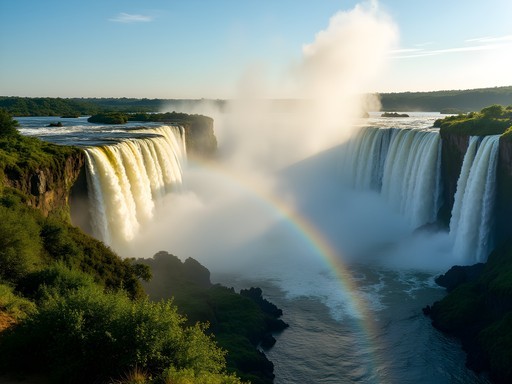 Rainbow forming in the morning mist at Victoria Falls in Livingstone, Zambia