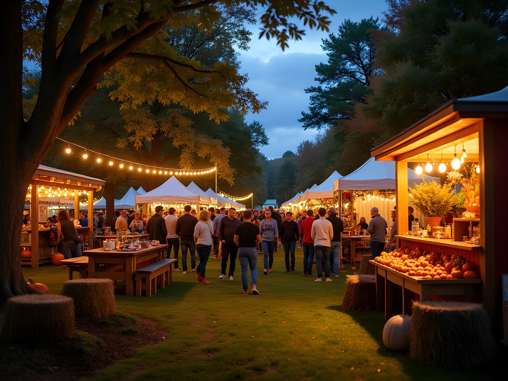 Evening apple festival in Londonderry with string lights, live music and fall decorations