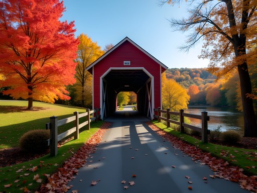 Historic covered bridge with vibrant fall foliage in Londonderry, New Hampshire