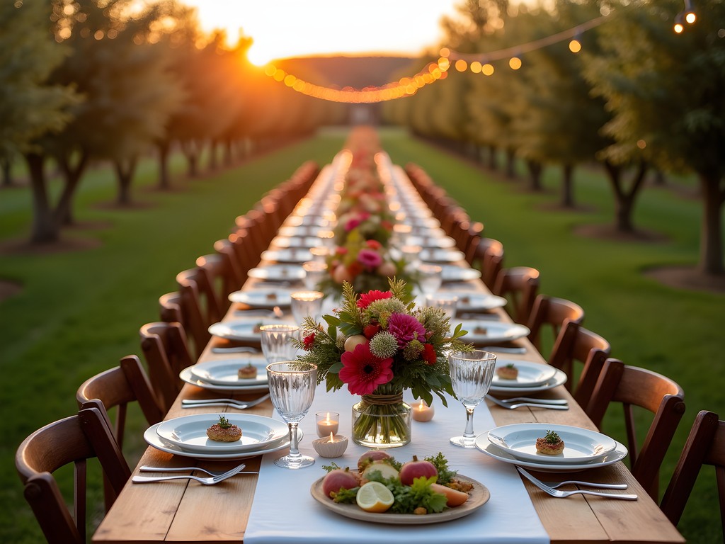 Elegant farm-to-table dinner setup in a Londonderry apple orchard at sunset