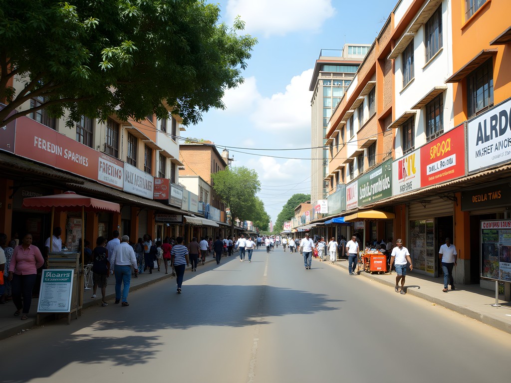 Busy street scene on Cairo Road in downtown Lusaka with pedestrians, shops and urban activity