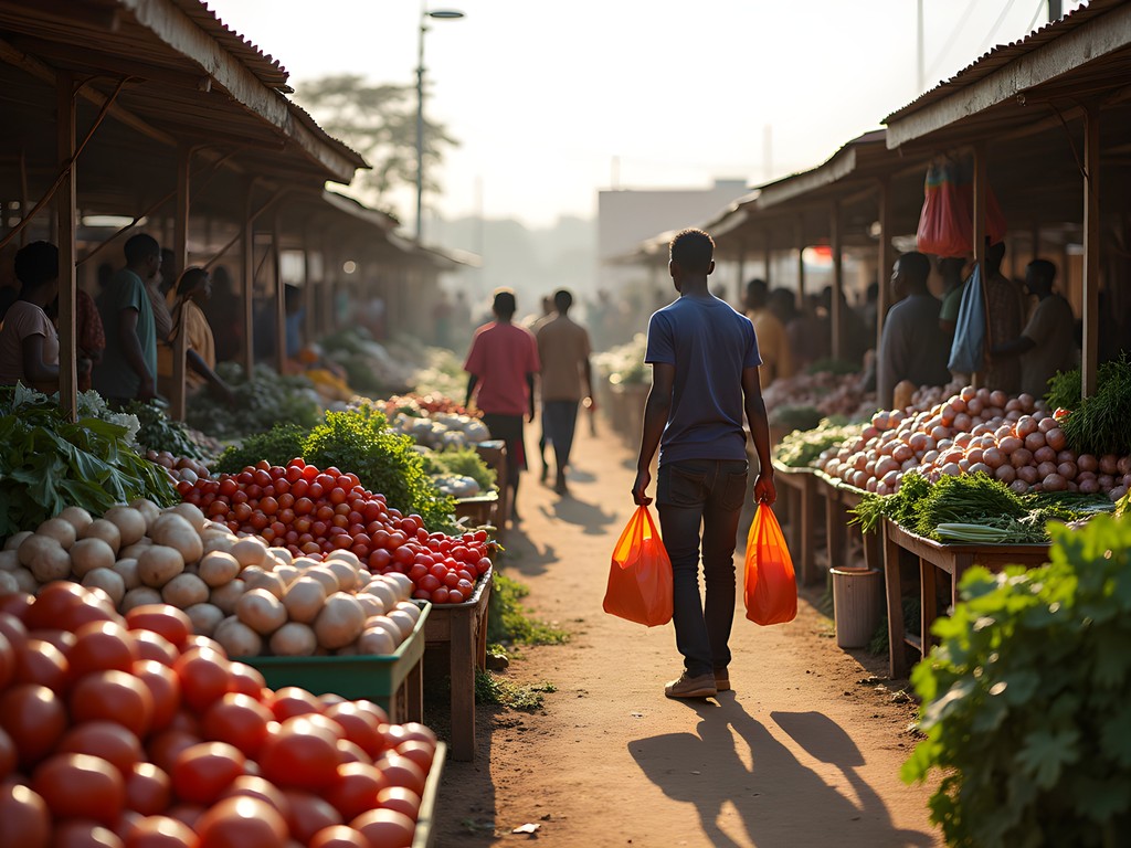 Busy morning scene at Lusaka City Market with vendors and colorful produce displays