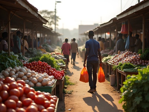 Busy morning scene at Lusaka City Market with vendors and colorful produce displays